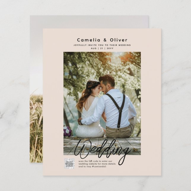 Champagne Blush PHOTO Wedding Invitation QR Code (Front/Back)