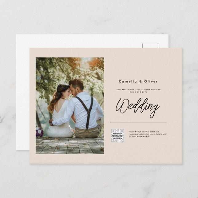Champagne Blush PHOTO Wedding Invitation QR Code Postcard (Front/Back)