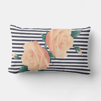 Champagne Blush Roses and Modern White Stripes Lumbar Cushion