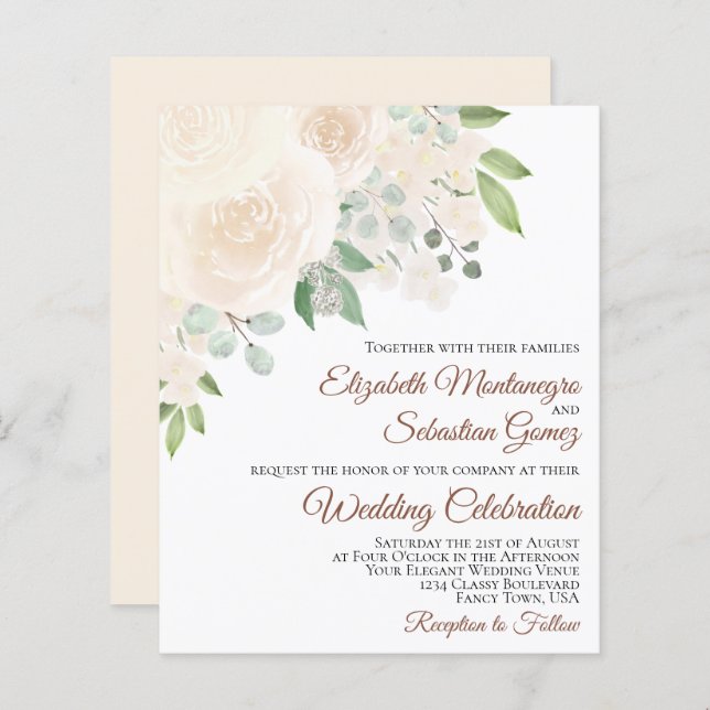 Champagne Blush Roses Boho BUDGET Wedding Invite (Front/Back)