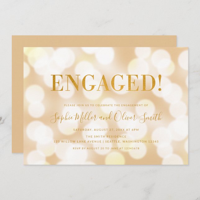 Champagne Bokeh Lights Faux Gold Engagement Party Invitation (Front/Back)