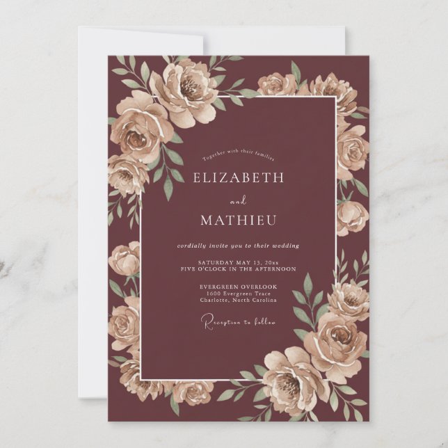 Champagne Bordeaux Petal Wedding Invitation (Front)
