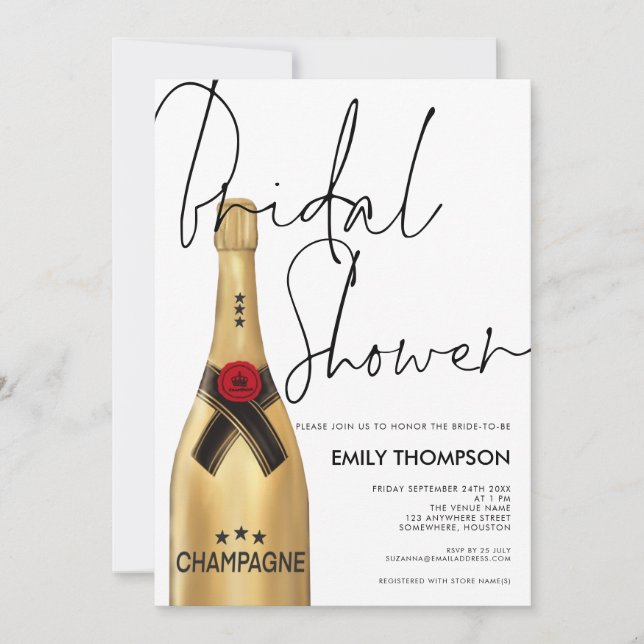 Champagne Bottle Script Gold Bridal Shower Invitation (Front)