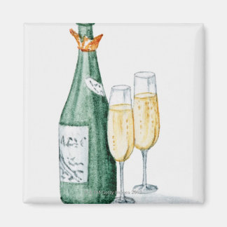 Champagne Bottles and Two Glasses Magnet