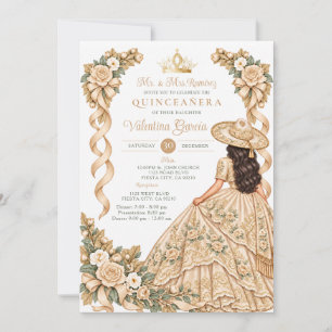 Champagne Bow Floral Quinceañera Princess 15 Anos Invitation
