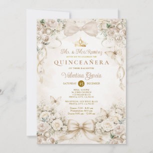 Champagne Bow Floral Quinceañera Princess Invitation