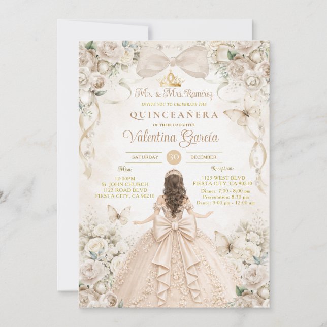Champagne Bow Floral Quinceañera Princess Invitation (Front)