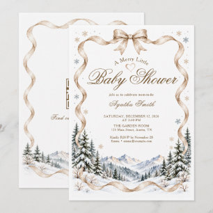 Champagne Bow Winter Mountain Forest Baby Shower Invitation