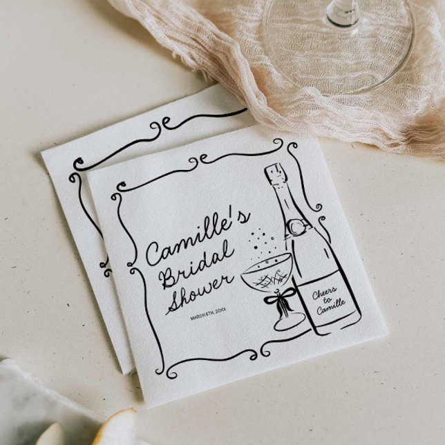 Champagne Bridal Shower Hand Drawn Napkin (Fun Retro Hand Drawn Bridal shower Napkin)