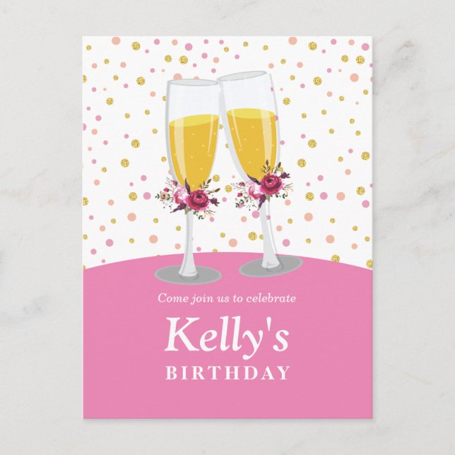 Champagne  Brunch and Bubbly cheers birthday Invitation Postcard (Front)