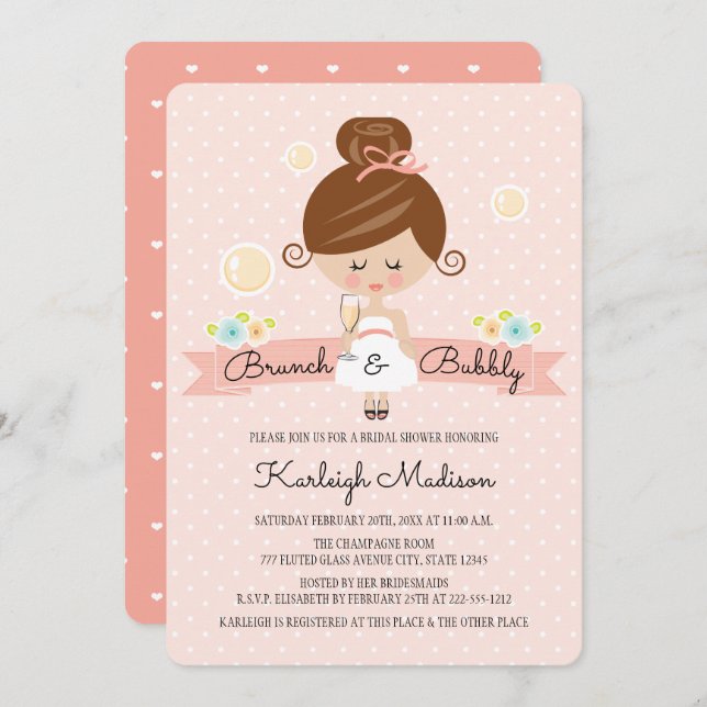 Champagne Brunch Bridal Shower Invitation Brunette (Front/Back)