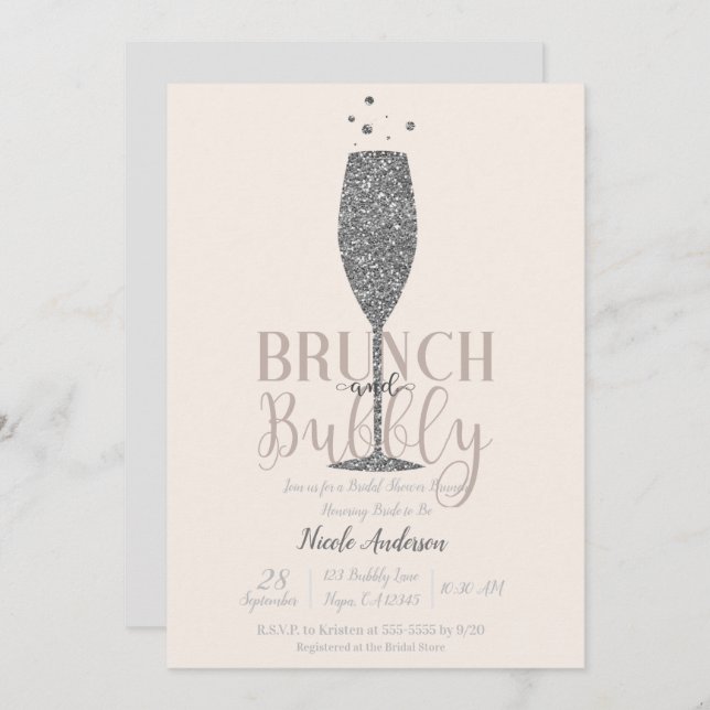 Champagne Brunch & Bubbly Silver Bridal Shower Invitation (Front/Back)