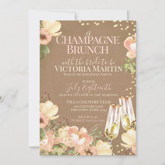 Champagne Brunch Sparkle Floral Bridal Shower Invitation (Front)