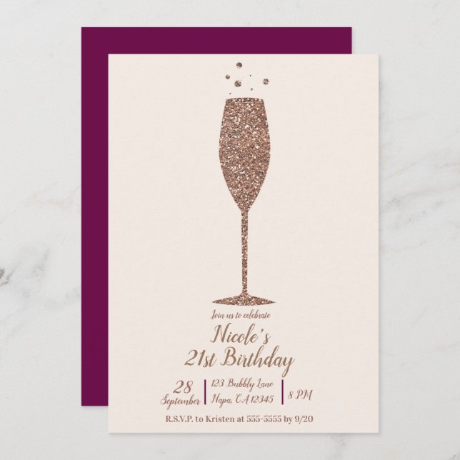Champagne Bubbly Chic Rose Gold Birthday Party Invitation (Front/Back)