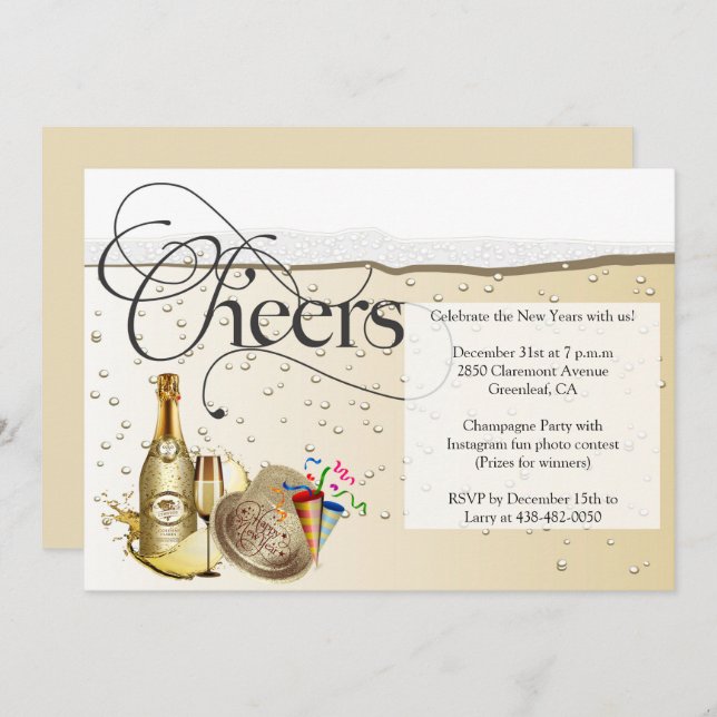 Champagne Bubbly New Years Eve Party Invitation (Front/Back)