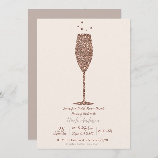 Champagne Bubbly Rose Gold Bridal Shower Brunch Invitation (Front/Back)