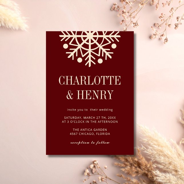 Champagne & Burgundy Simple Snowflake Wedding Invitation (Creator Uploaded)