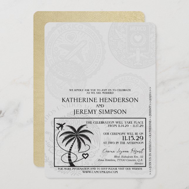 Champagne Cancun Passport Wedding Invitation (Front/Back)