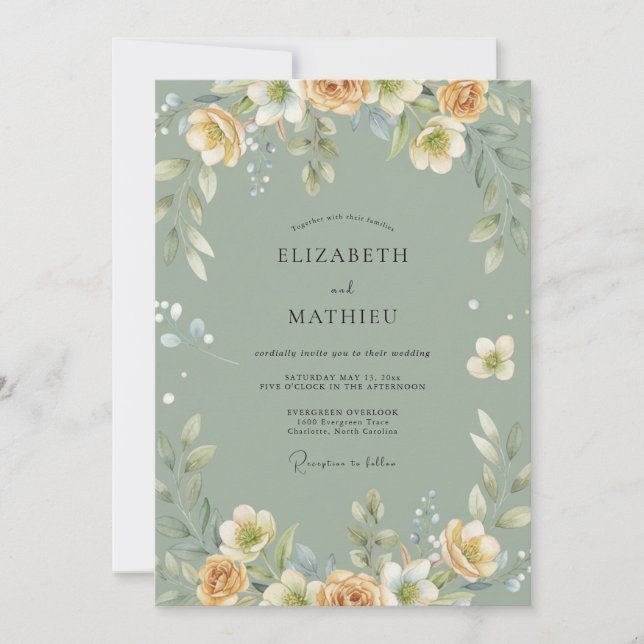 Champagne Celadon Petal Wedding Invitation (Front)