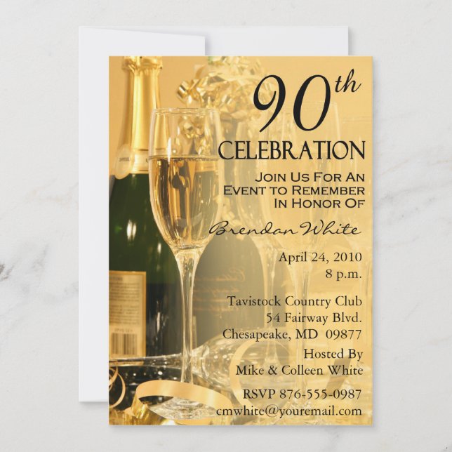 Champagne Celebration 90th Birthday Invitations (Front)