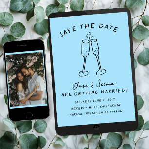 Champagne Cheers Hand Drawn Custom PHOTO Save The Date