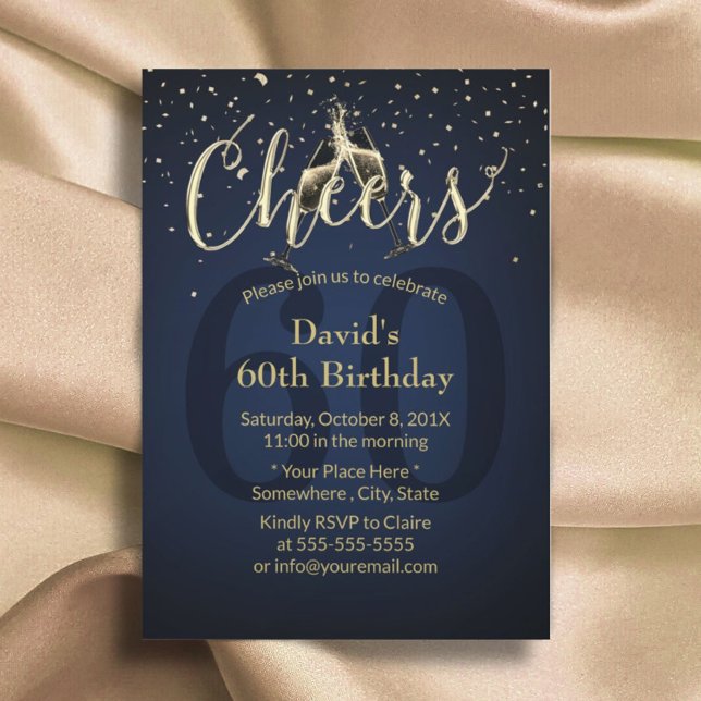 Champagne Cheers Navy Blue 60th Birthday Party Invitation (Creator Uploaded)