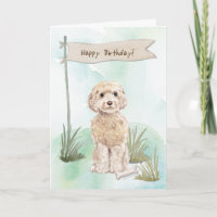 Champagne Cockapoo Dog Under Birthday Sign