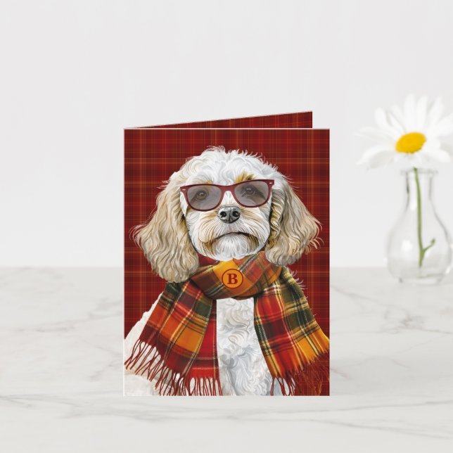 Champagne Cockapoo Dog Wine Plaid Monogrammed Card (Small Plant)