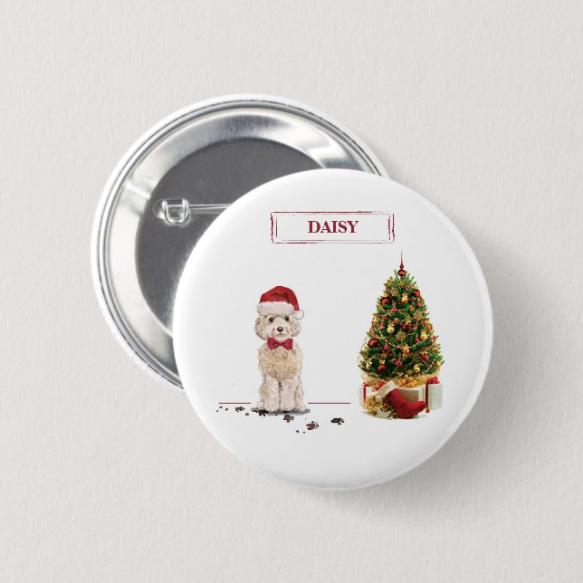 Champagne Cockapoo Funny Christmas Dog with Tree 6 Cm Round Badge (Front & Back)