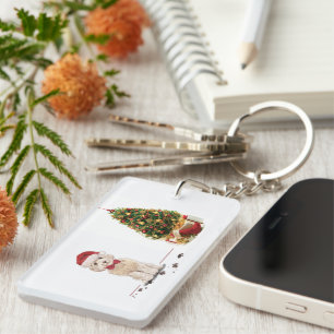 Champagne Cockapoo Funny Christmas Dog with Tree Key Ring