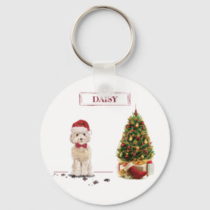 Champagne Cockapoo Funny Christmas Dog with Tree Key Ring
