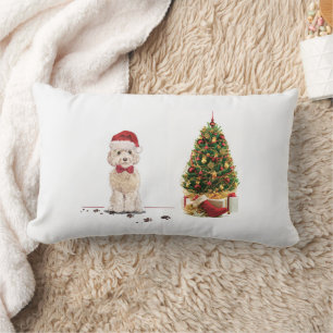 Champagne Cockapoo Funny Christmas Dog with Tree Lumbar Cushion