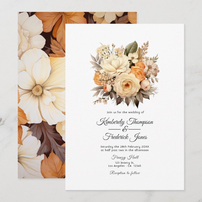 Champagne Coloured Floral Wedding Invitation (Front/Back)