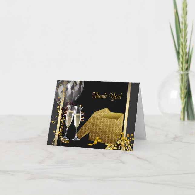 Champagne Confetti Black and Gold Thank You Cards (Front)