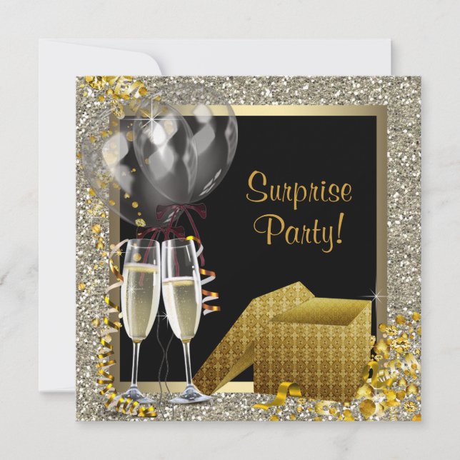 Champagne Confetti Black Gold Surprise Party Invitation (Front)