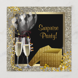 Champagne Confetti Black Gold Surprise Party Invitation