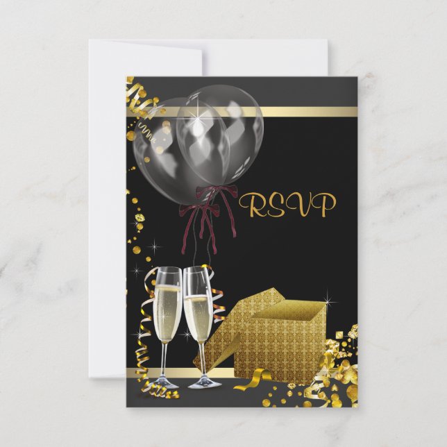 Champagne Confetti Black Gold Surprise Party RSVP (Front)