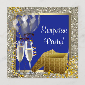 Champagne Confetti Navy Blue Gold Surprise Party Invitation