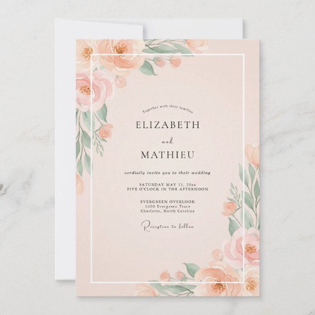 Champagne Coral Peony Wedding Invitation (Front)