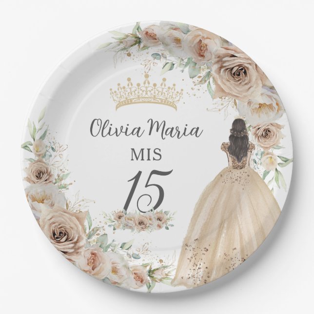 Champagne Cream Beige Floral Princess Quinceañera Paper Plate (Front)