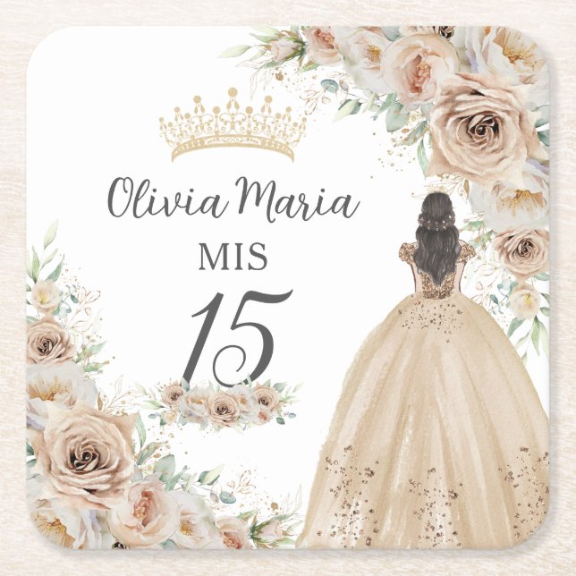 Champagne Cream Beige Floral Princess Quinceañera Square Paper Coaster (Front)
