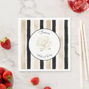 Champagne Cream Black White Rose Stripes Wedding Napkin