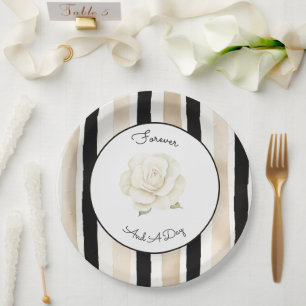 Champagne Cream Black White Rose Stripes Wedding Paper Plate