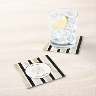 Champagne Cream Black White Rose Stripes Wedding Square Paper Coaster