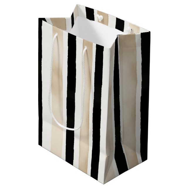 Champagne Cream Black White Stripes Wedding Medium Gift Bag (Front Angled)