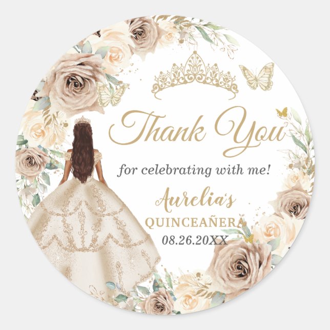 Champagne Cream Floral Dress Quinceañera Sweet 16  Classic Round Sticker (Front)