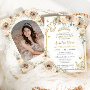 Champagne Cream Floral Sweet 16 Quinceañera Photo Invitation