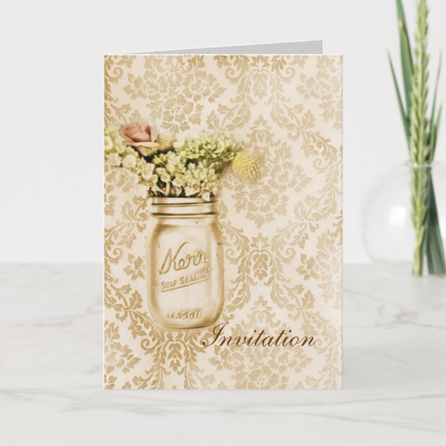 Champagne damask floral mason jar wedding invitation (Front)