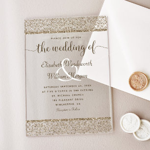 Champagne Damask Glitter Monogram Elegant Wedding Acrylic Invitations