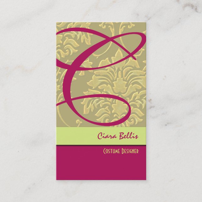 Champagne Damask Monogram Business Card (Front)